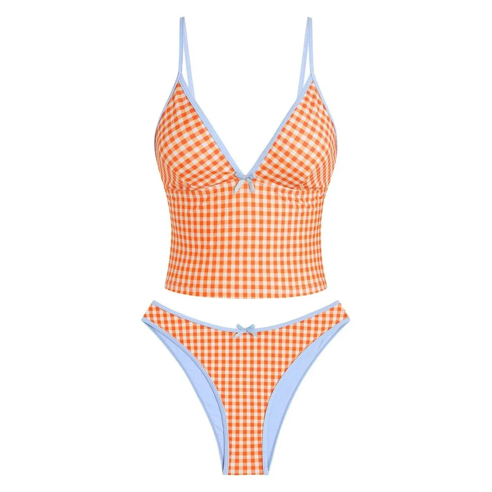 ZAFUL Women's Swimsuits Tummy Control Tankini V Neck High Waisted Tie Bikini L